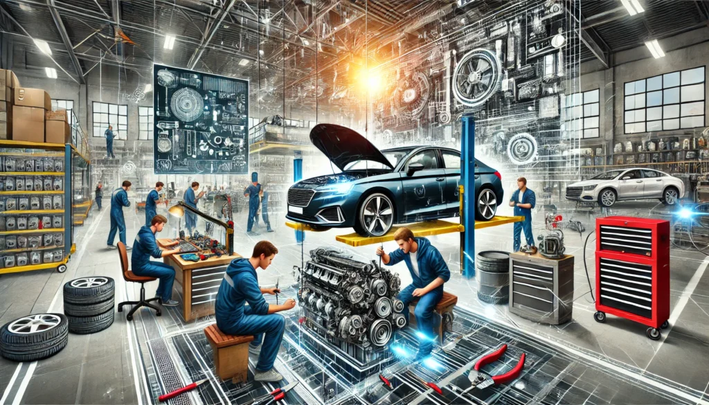 DALL·E 2025-03-11 12.02.00 - A dynamic and realistic illustration representing Automotive Engineering at a vocational high school. The image features students working in a fully e