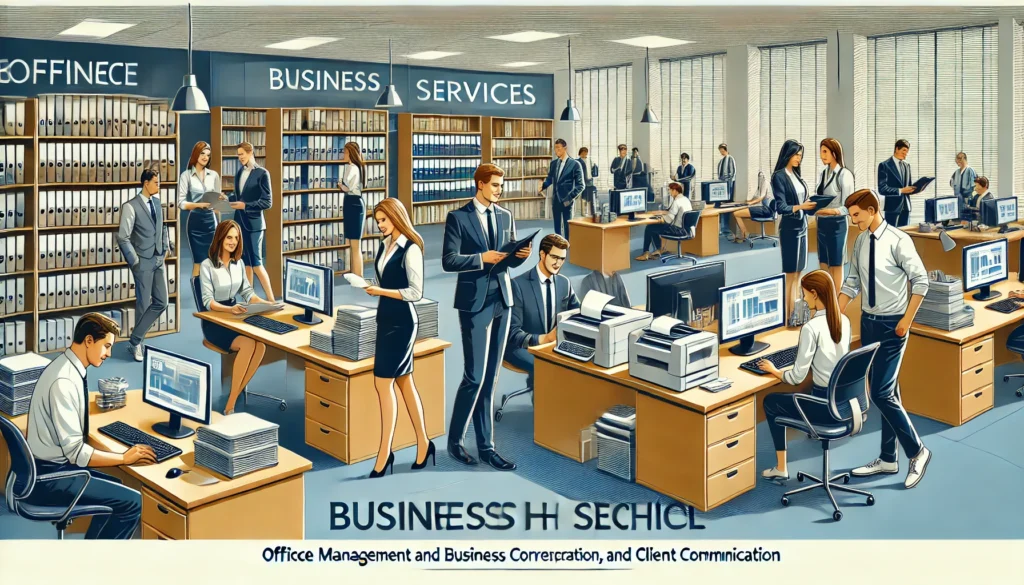 DALL·E 2025-03-11 12.02.04 - A professional and modern illustration representing Office Management and Business Services at a vocational high school. The image features students i