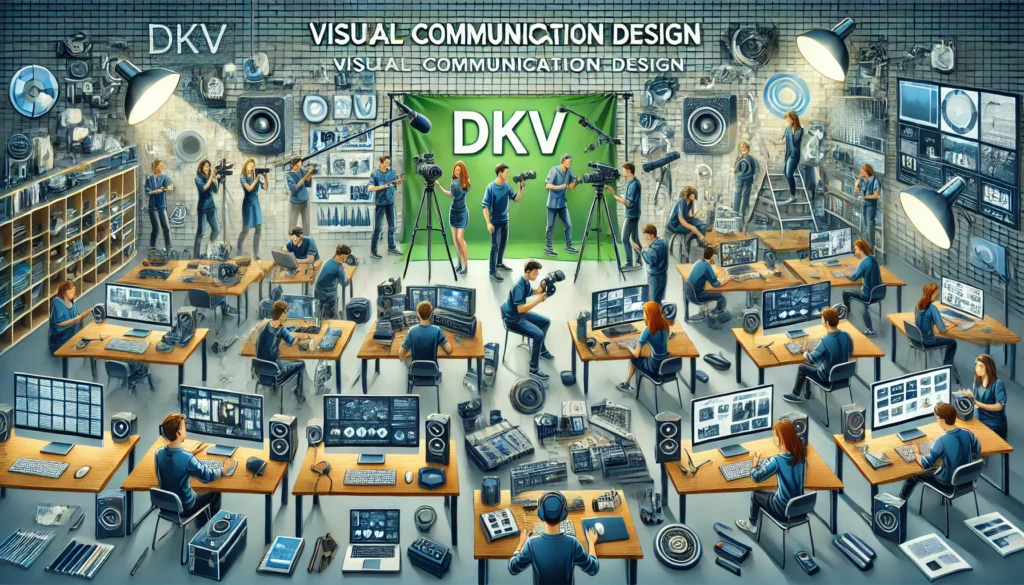 DALL·E 2025-03-11 12.04.43 - A detailed and modern illustration representing Visual Communication Design (DKV) at a vocational high school. The image showcases various activities